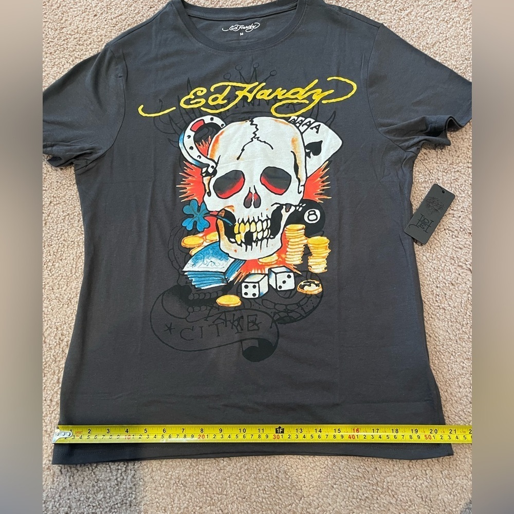 ED HARDY Ace Skull Men's Charcoal Gray T-shirt - Picture 4 of 11